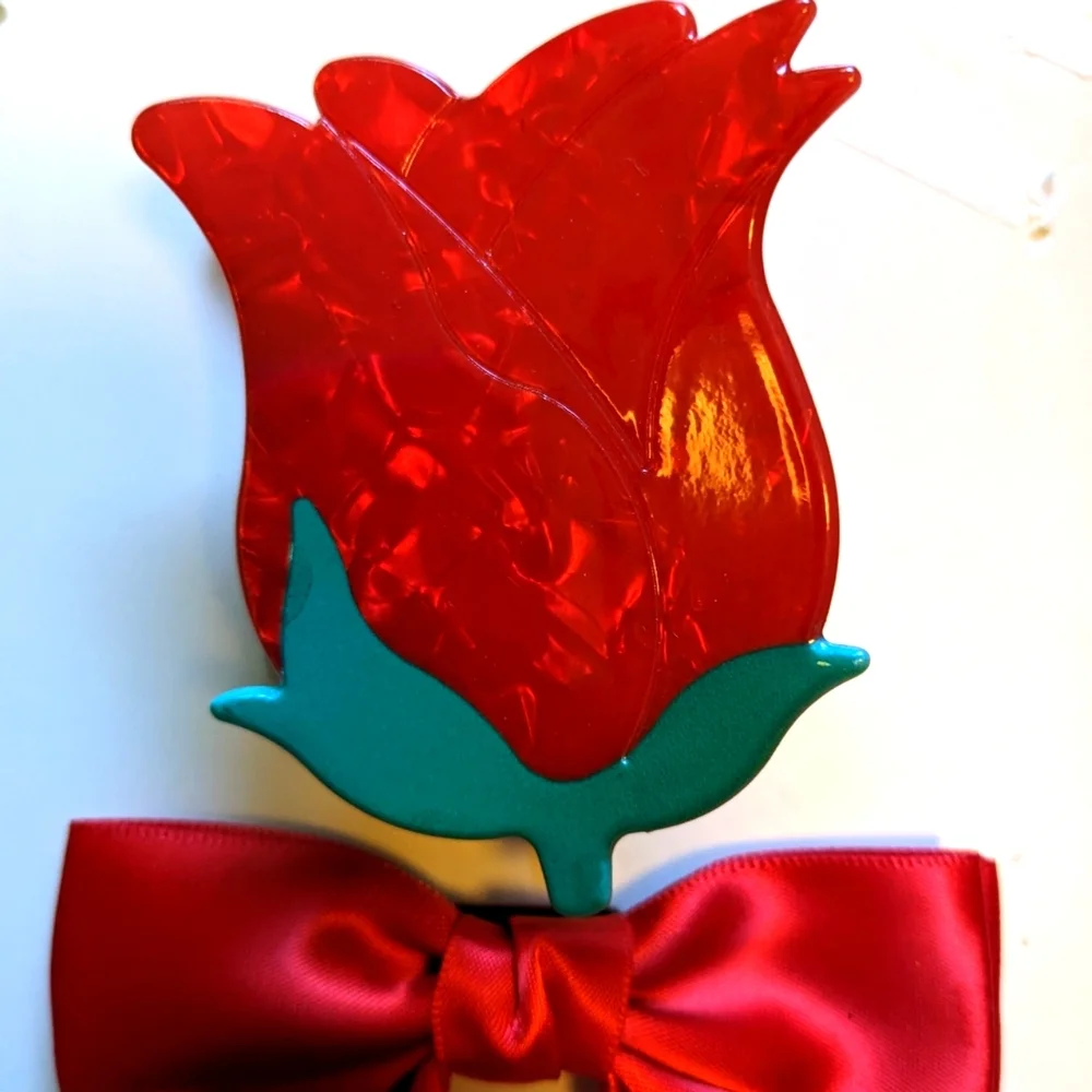 Red Rose Hair Clip Satin Ribbon Bow Set Belle Disney Princess Dress Up Beauty